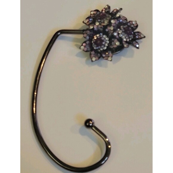 Purse Hanger w/ Triple Purples Flowers Floral Rhinestones Table Swivel - Picture 5 of 8